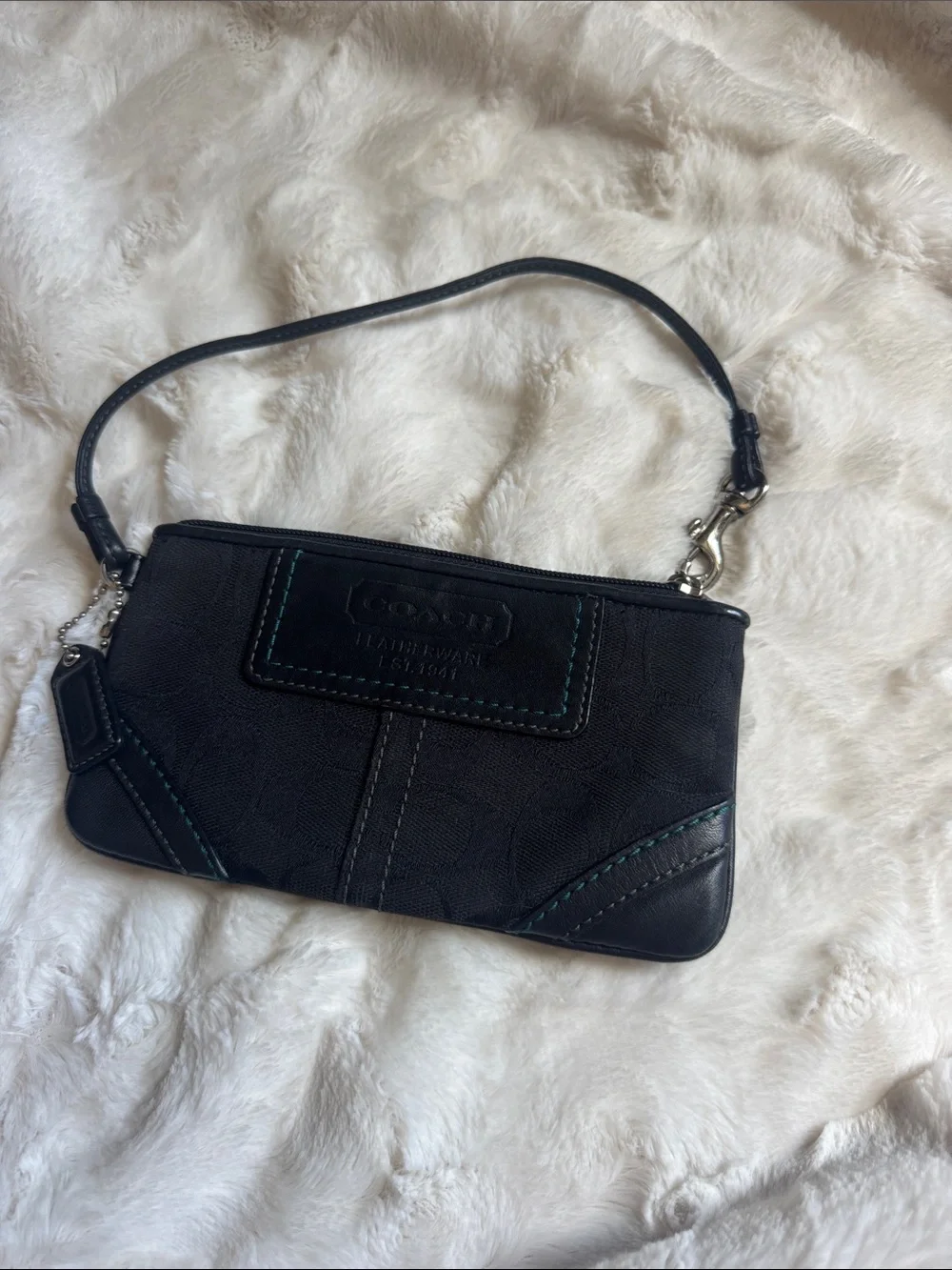 Coach Black Wristlet Clutch with Teal Stitching